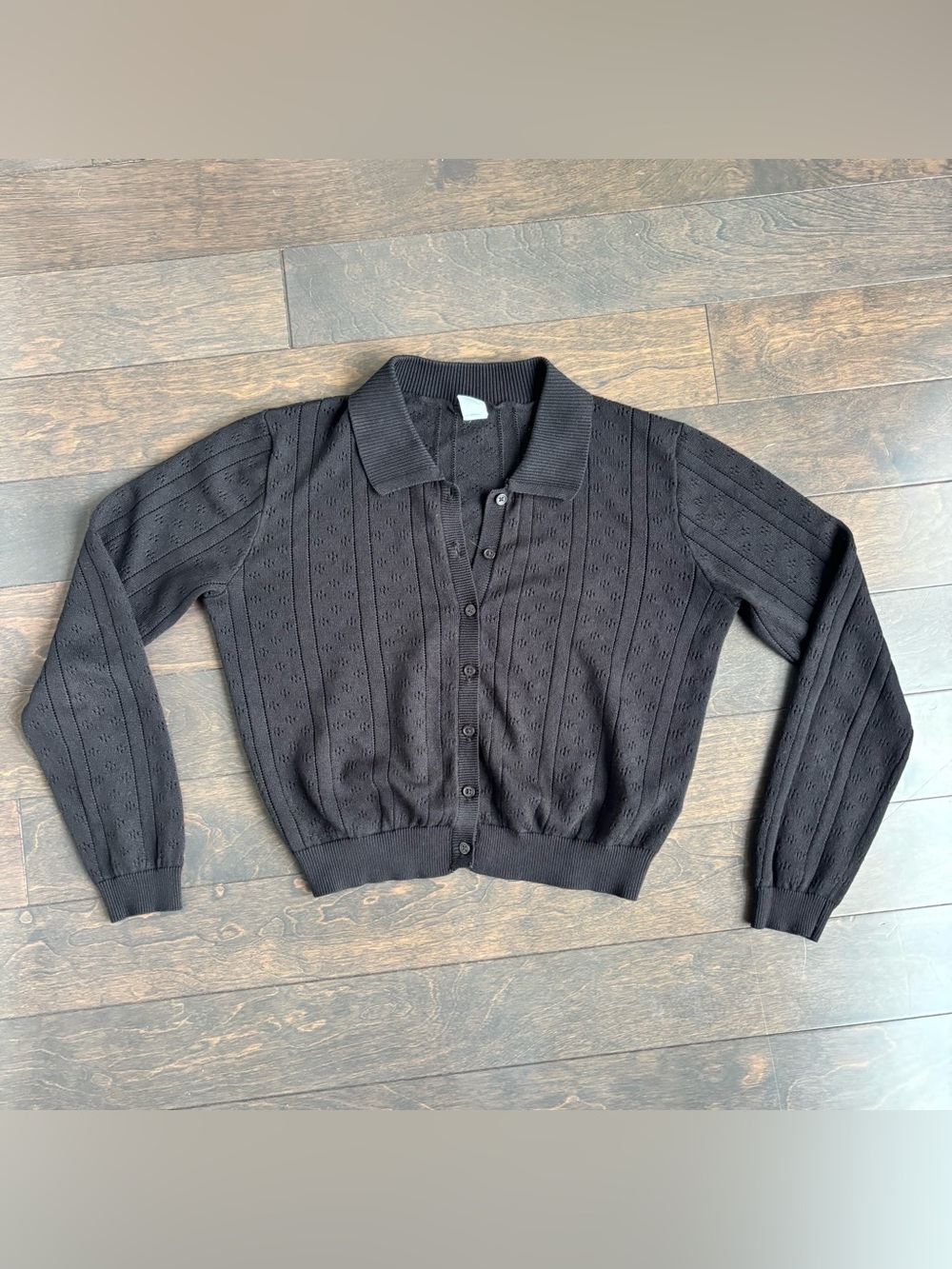 Simons Black pointelle cropped Knit Cardigan